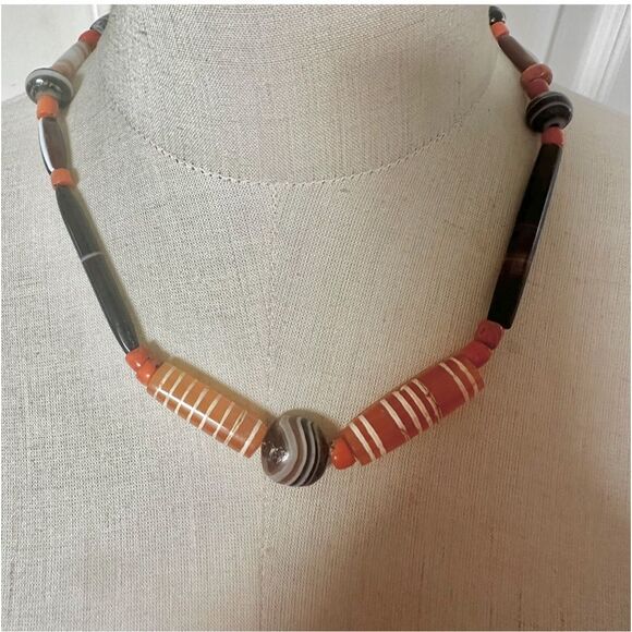 Antique Banded Agate & Etched Carnelian Necklace • Coral...